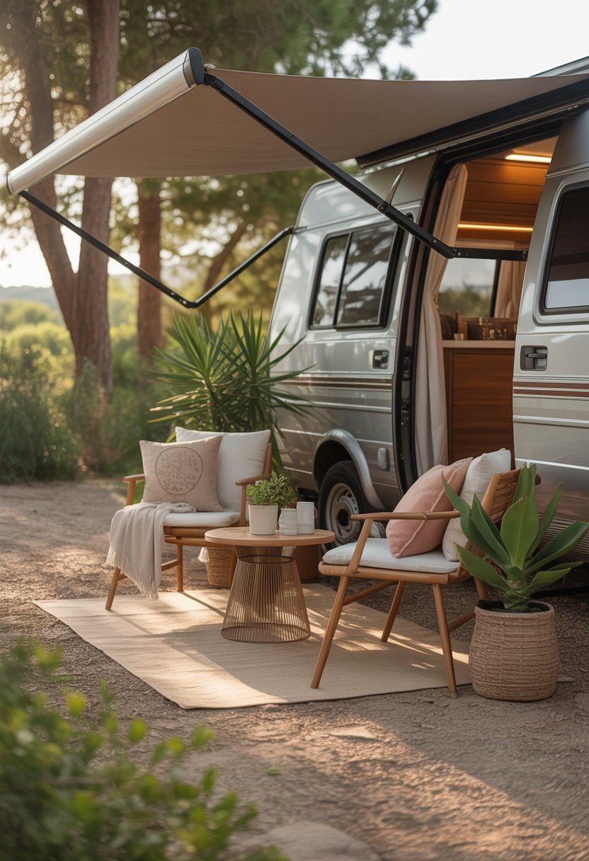 Outdoor seating area next to an RV with a compact rug, chairs, and a small table surrounded by plants.
