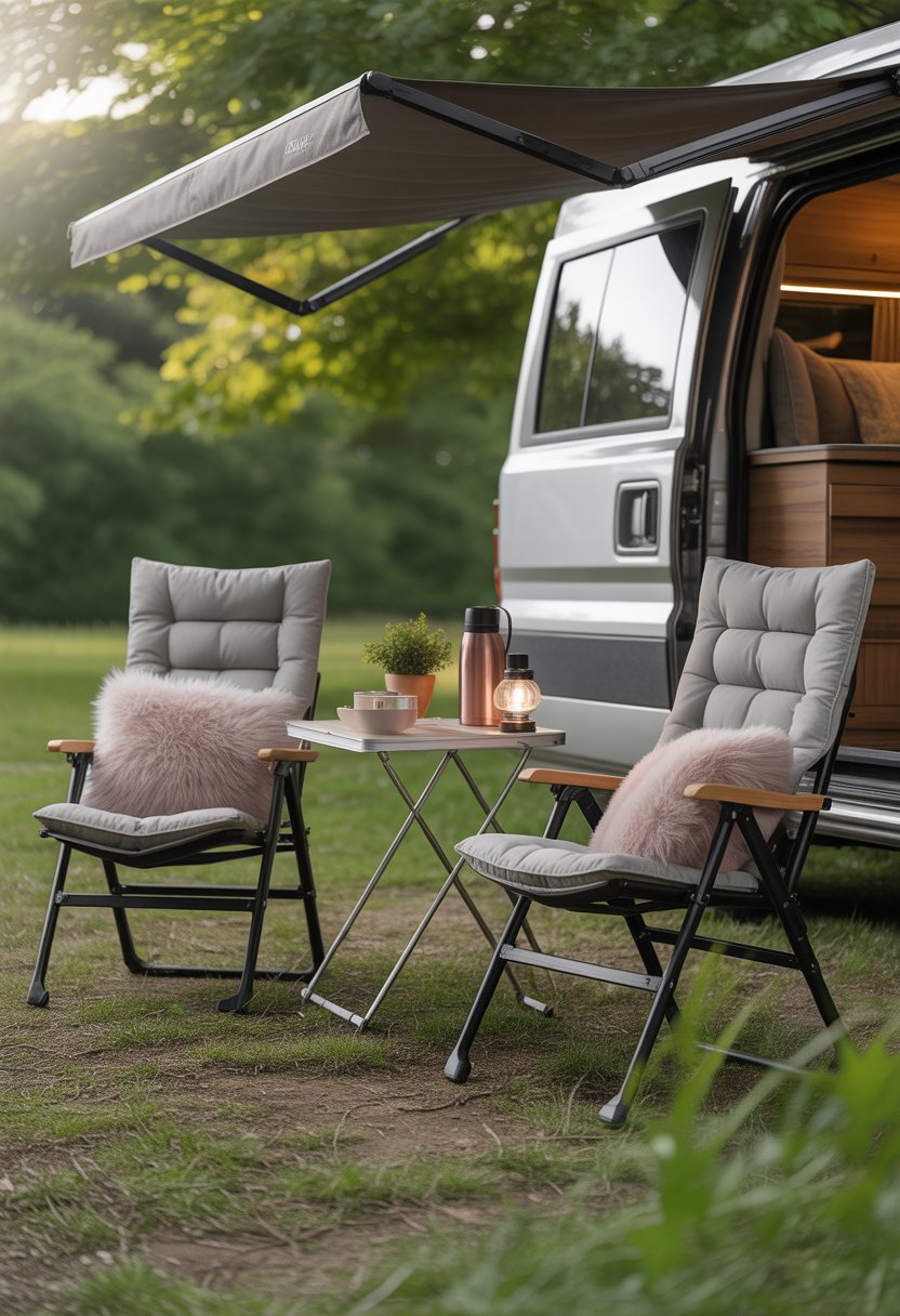 Foldable camping chairs with cushions arranged outside an RV in a green natural setting.