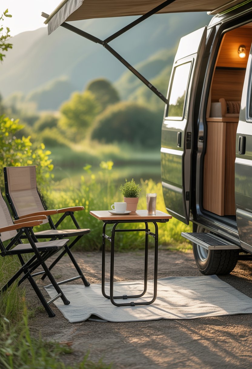 Outdoor RV seating area with collapsible side tables, foldable chairs, and greenery in the background.