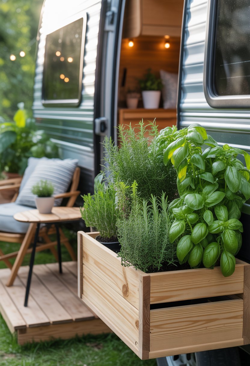 Outdoor space next to an RV with a wooden herb planter box filled with green herbs and comfortable seating.