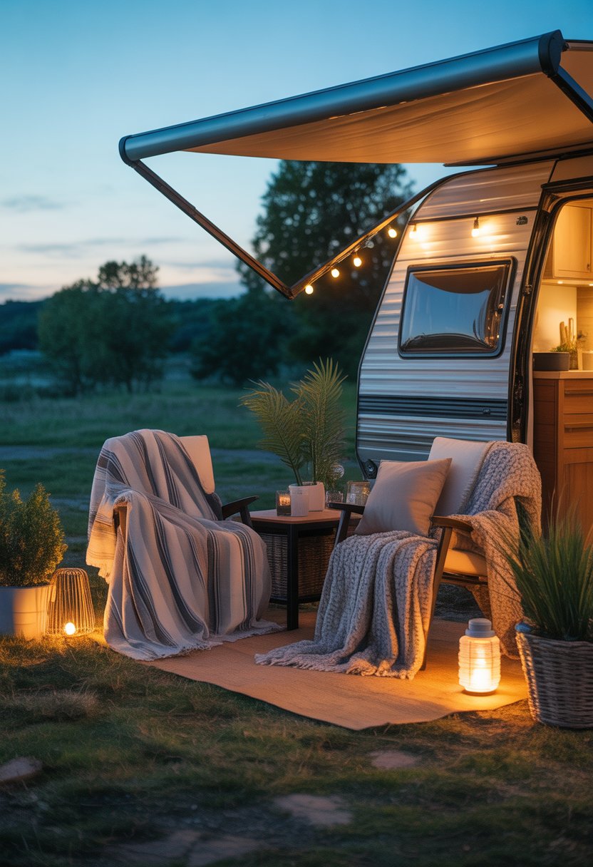 Outdoor RV seating area with cushioned chairs and weather-resistant throw blankets, surrounded by plants and soft lighting at dusk.