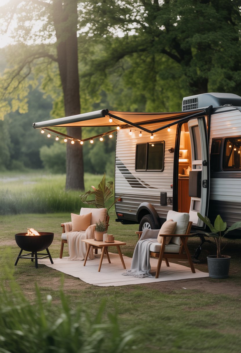 An outdoor seating area set up beside an RV in a wooded area with chairs, a small table, string lights, and a fire pit.
