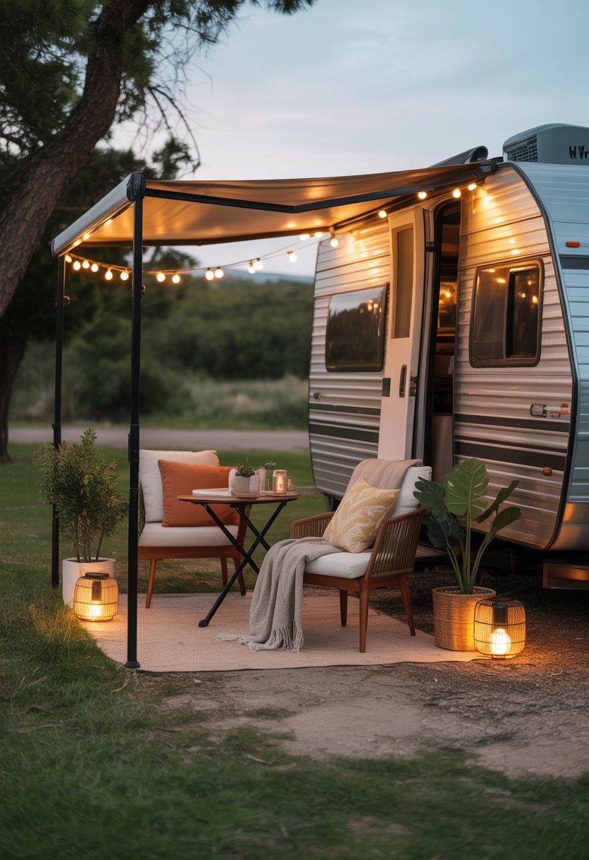An inviting outdoor RV seating area with cushioned chairs, a small table, plants, and soft lighting set in a natural campsite.