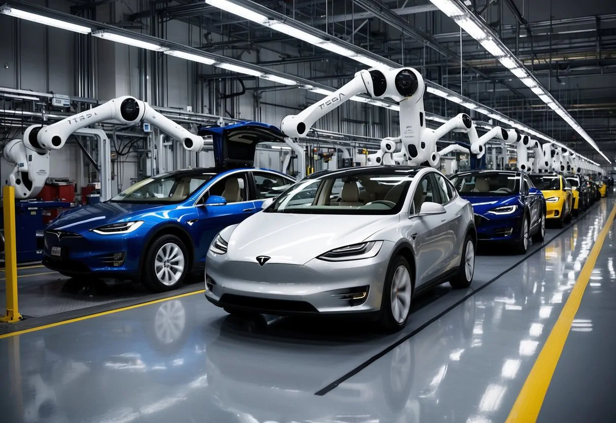 The Tesla Fremont Factory bustles with robotic arms assembling electric vehicles on the factory floor, while sleek cars roll off the production line