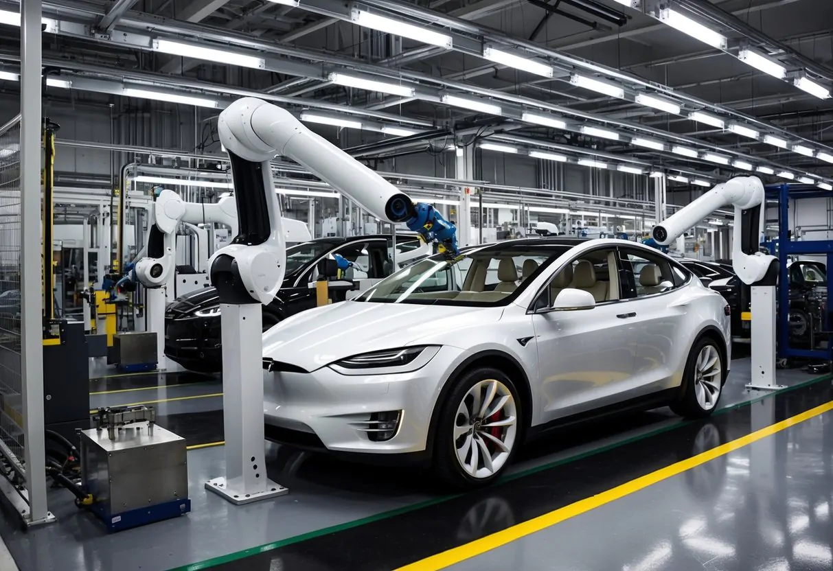 The Tesla Fremont factory, with robotic arms assembling vehicles on the production line, while automated machines fabricate components in the background