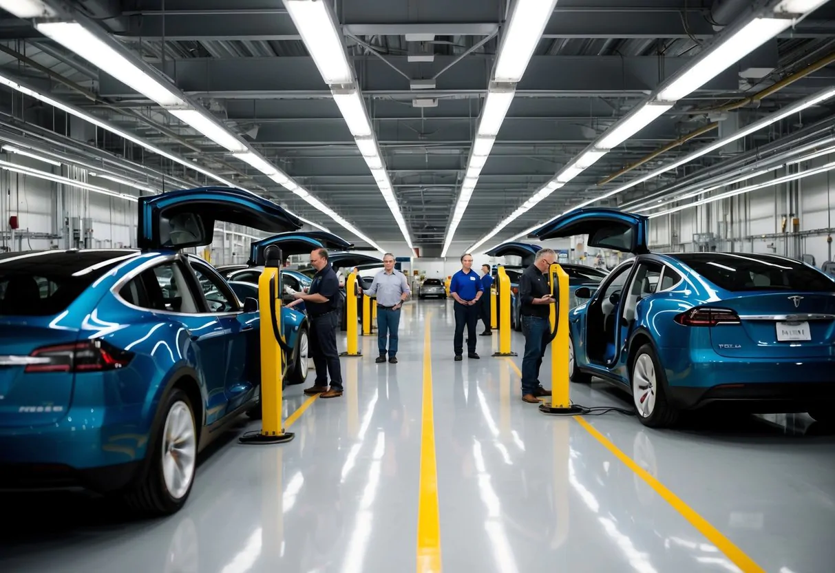 The Tesla Fremont factory hums with activity as workers and leaders collaborate on the production of electric vehicles