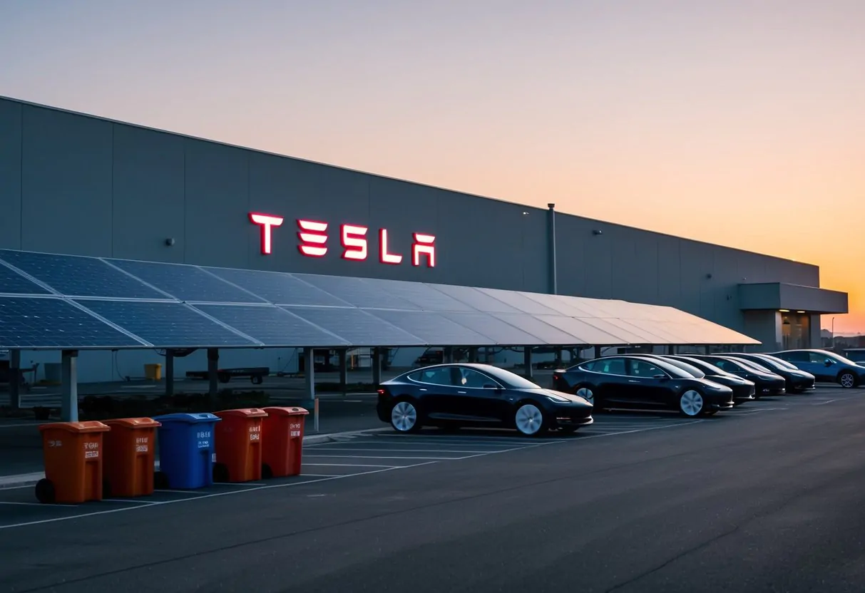 The Tesla Fremont factory with solar panels, electric vehicles, and recycling bins