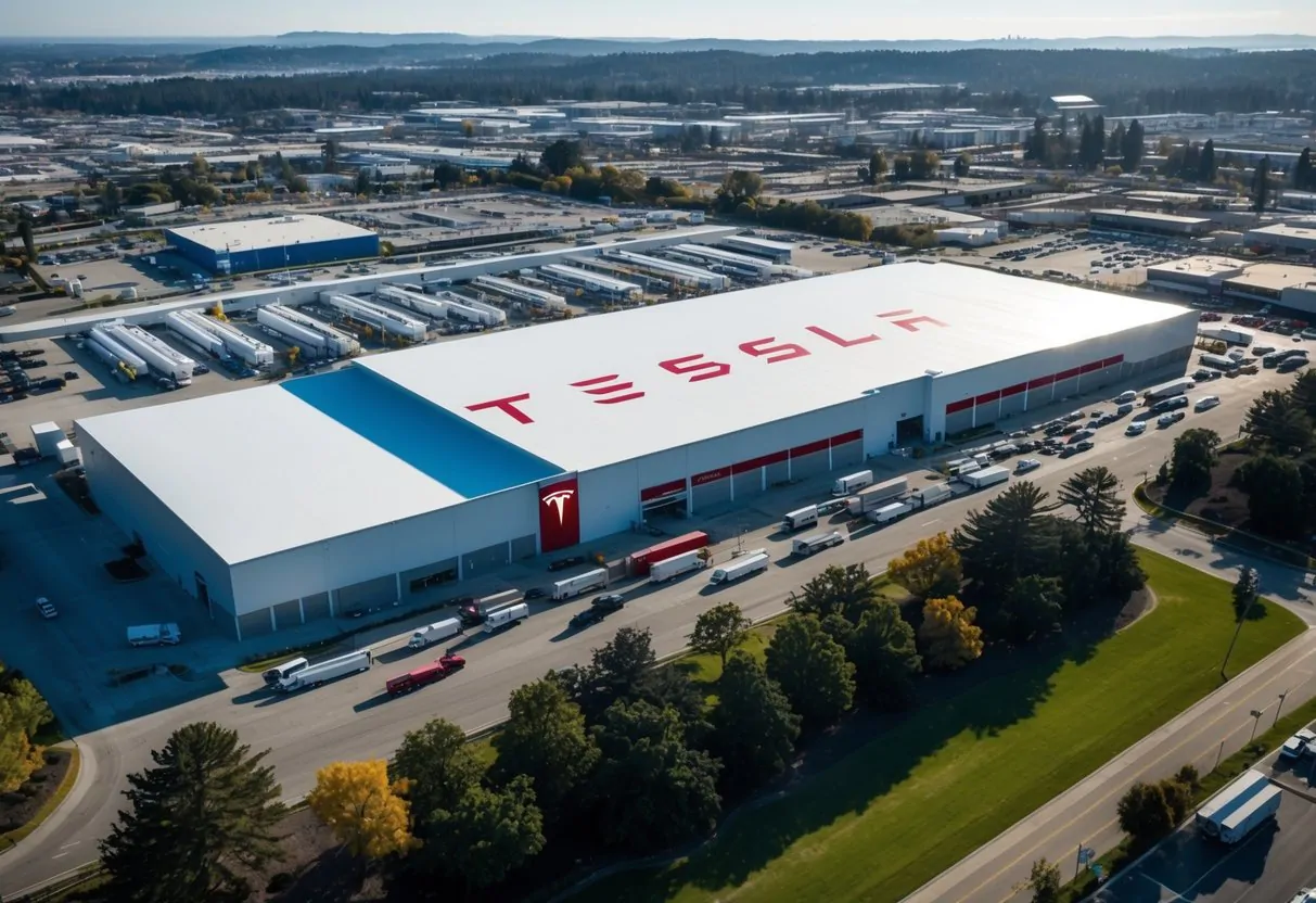 The Tesla Fremont factory bustling with workers and delivery trucks, surrounded by a vibrant community with local businesses and residents