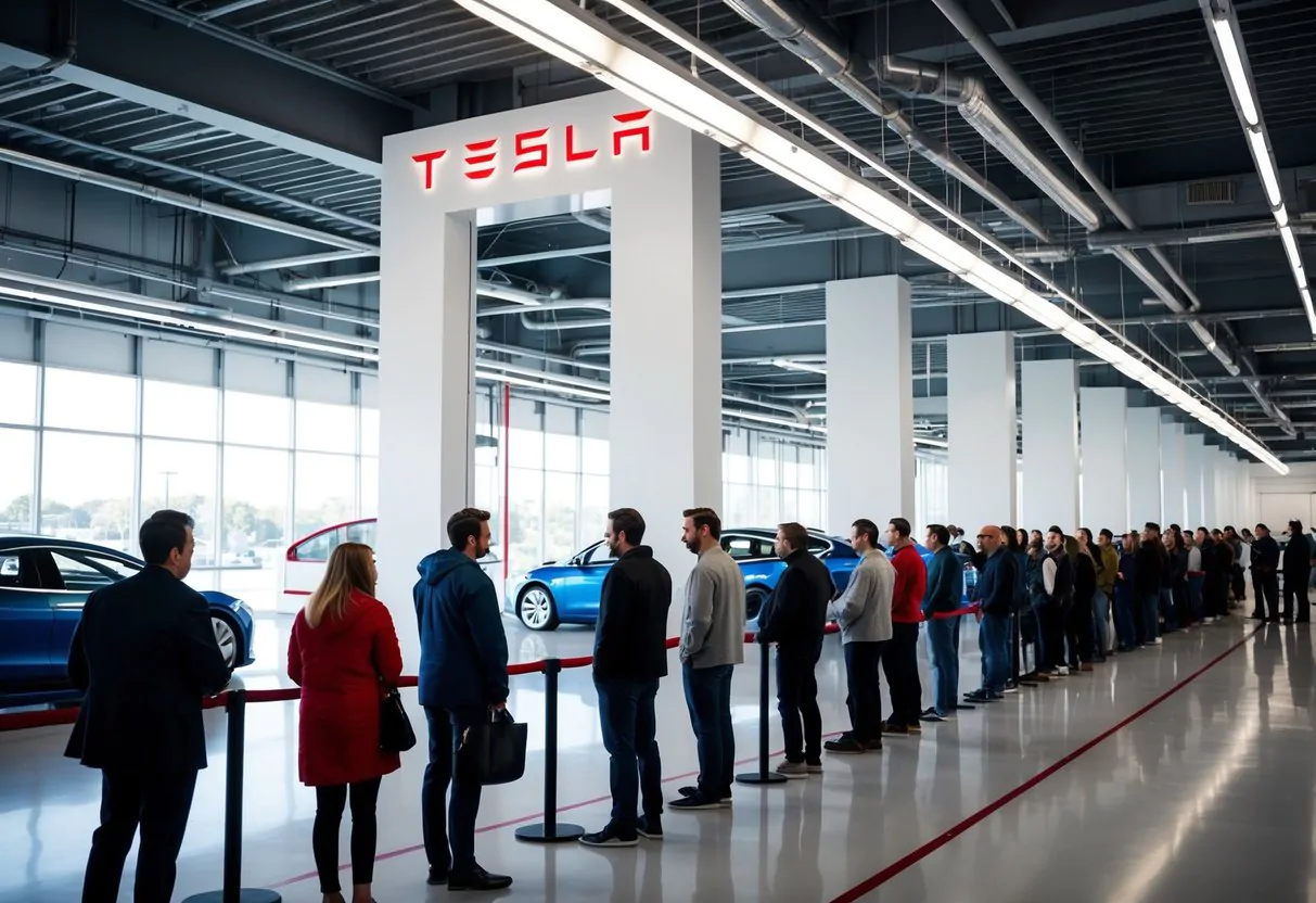 The Tesla Fremont factory with a line of people waiting to ask questions at the Frequently Asked Questions desk
