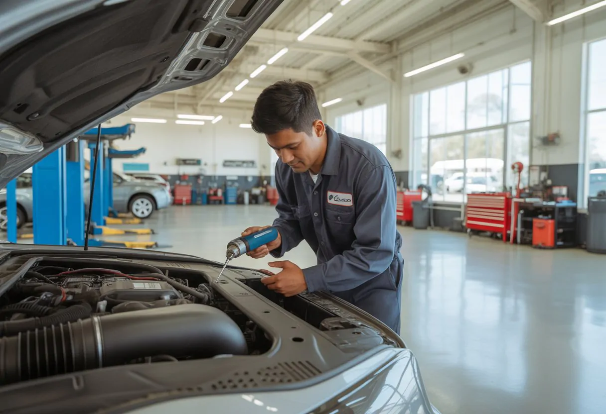 A mechanic inspecting a car engine inside a clean and organized auto repair shop with tools and equipment in the background.