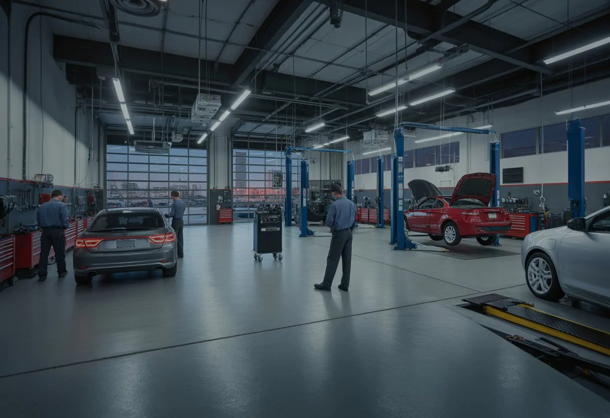 Mechanics working on cars inside a clean and organized auto repair shop with tools and equipment visible.