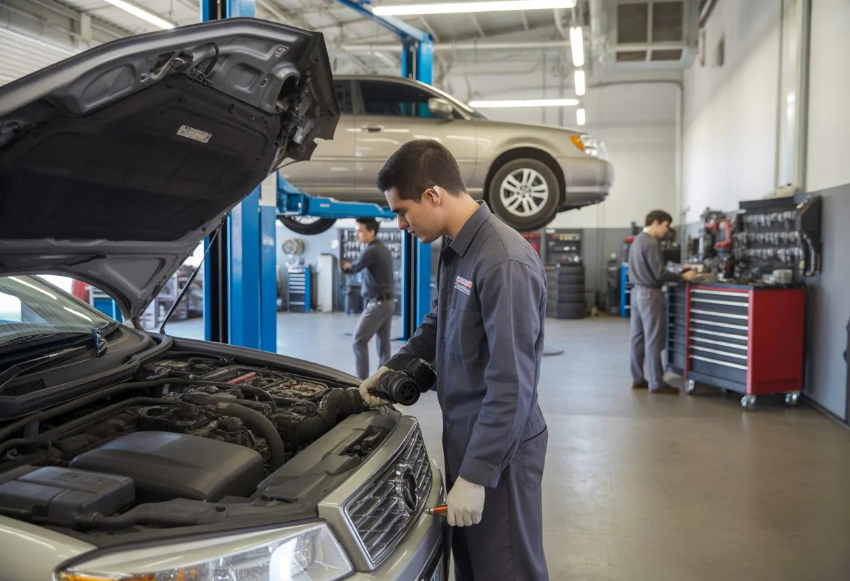 A clean and organized auto repair shop with mechanics working on cars and staff assisting a customer.