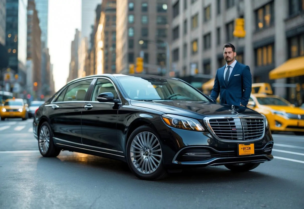 A black luxury sedan parked on a busy New York City street with a chauffeur standing beside it.