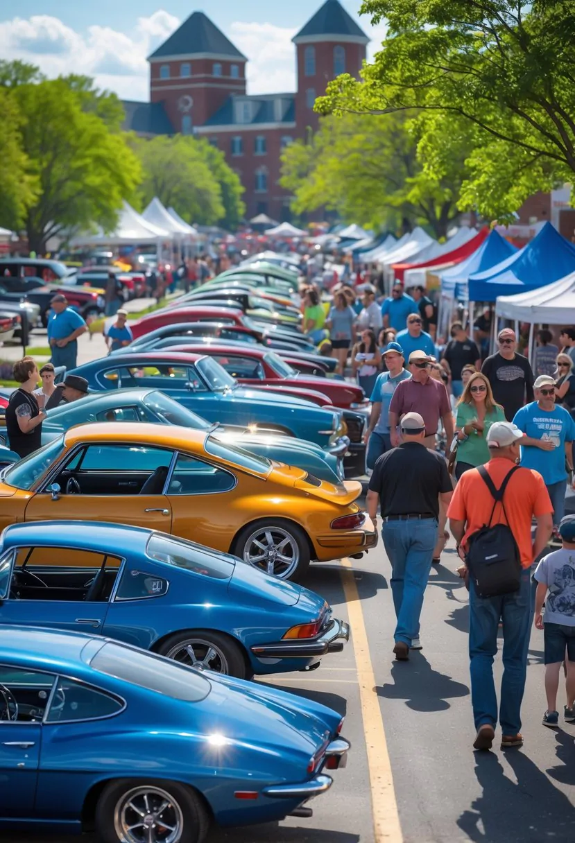 A sunny outdoor car show in Ohio with people walking among rows of classic and modern cars displayed on a paved lot surrounded by trees.