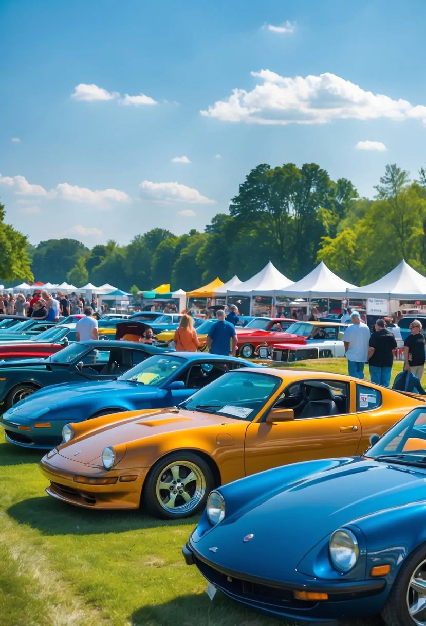 A sunny outdoor car show in Canfield, Ohio, with people walking among rows of classic and modern cars parked on grass near trees.