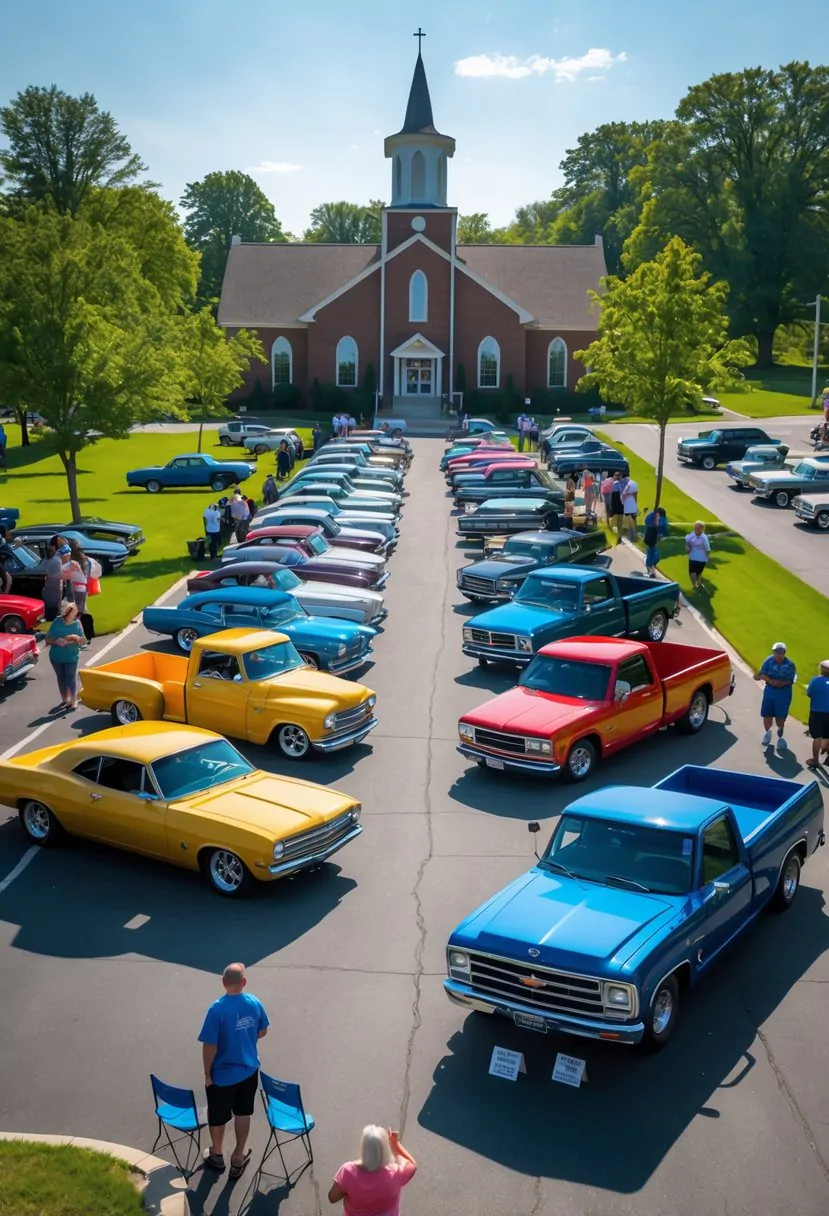 A sunny outdoor car and truck show at a church parking lot with people walking among rows of classic and modern vehicles.