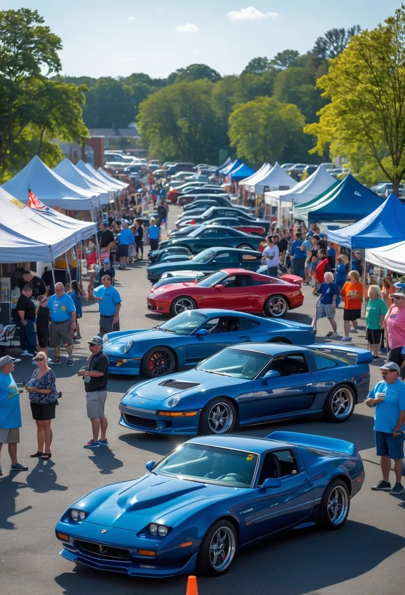 A sunny outdoor charity car show with people looking at a variety of performance cars in a parking lot surrounded by trees.