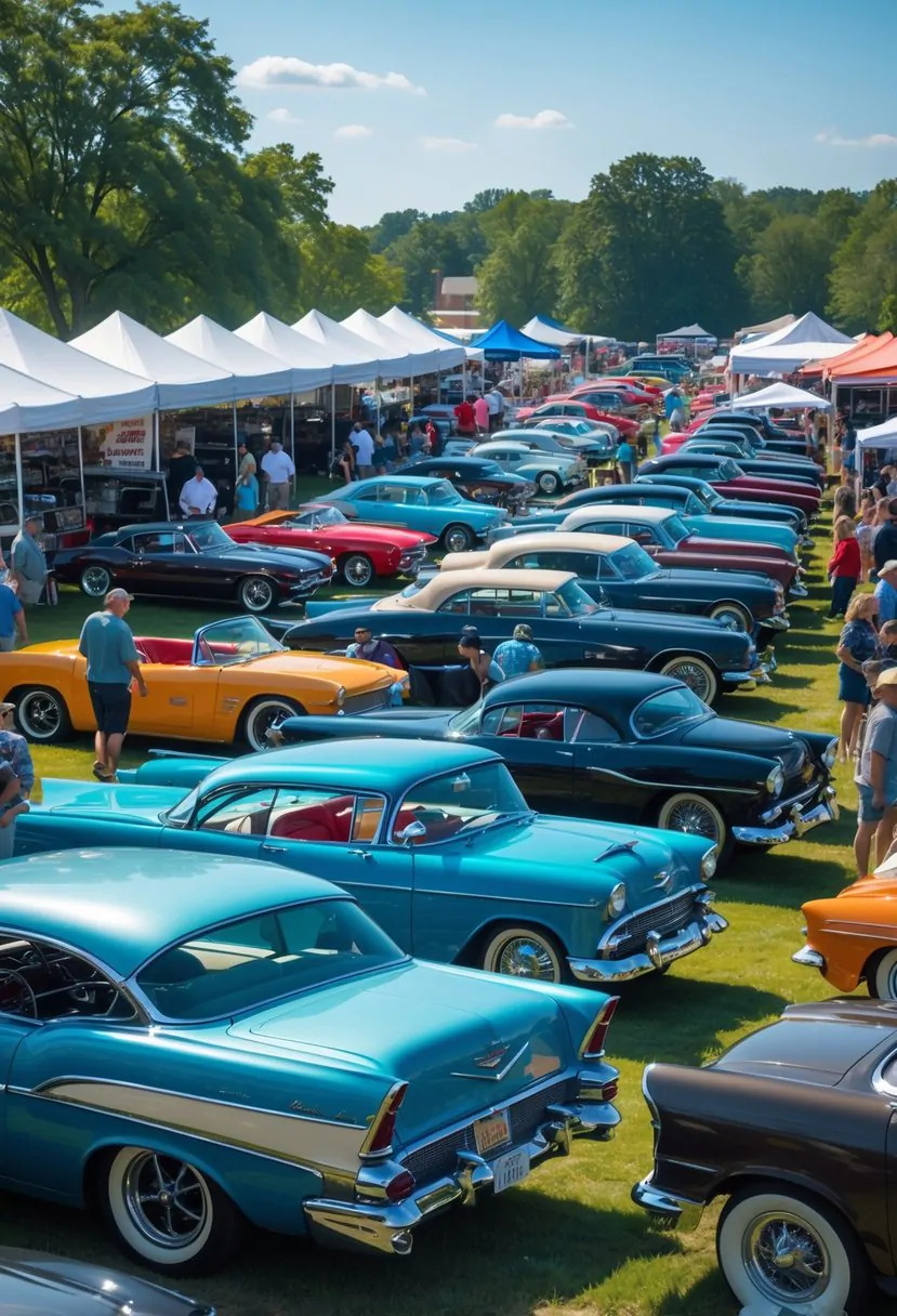 People walking among rows of classic cars at an outdoor car show on a sunny day with tents and green grass in the background.