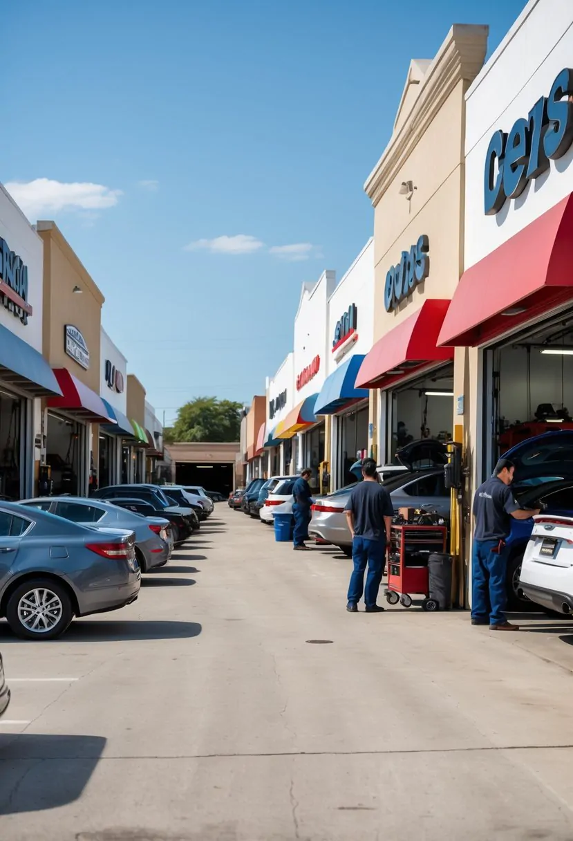 A street in Austin, Texas with seven auto repair shops where mechanics are working on cars outside the garages on a sunny day.