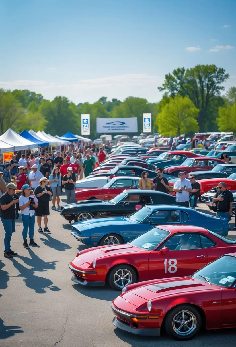People admiring classic and modern cars displayed outdoors at a car show in Ohio on a sunny day.