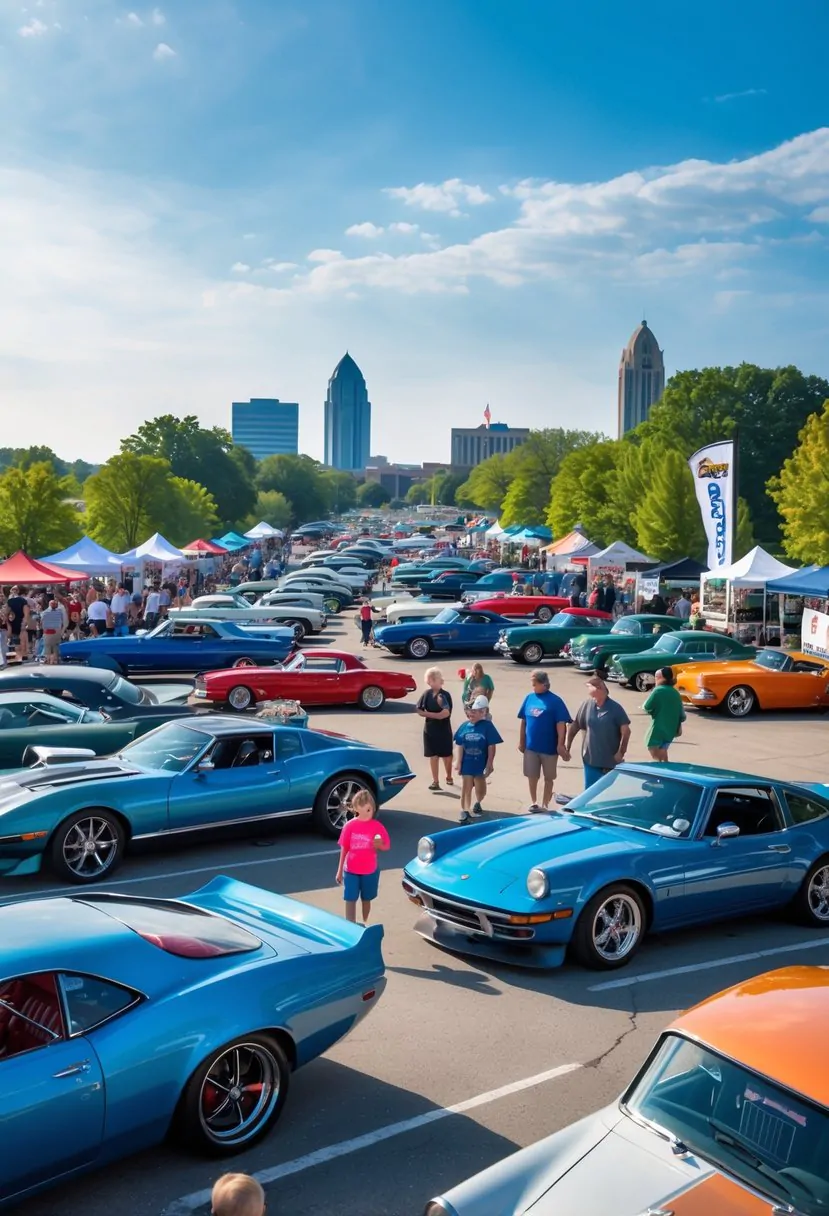 People gathered outdoors at a car show in Ohio, looking at various classic and modern cars on display.