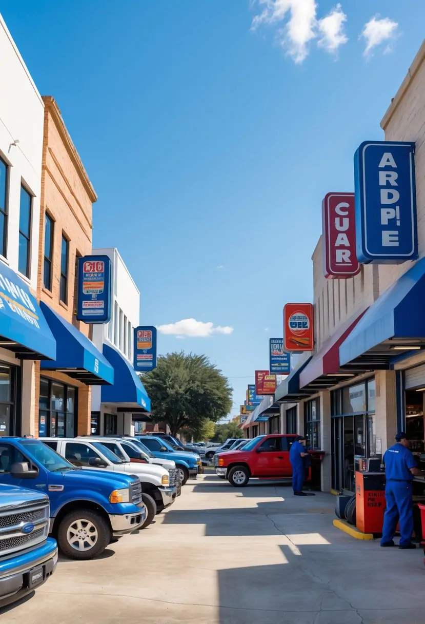 Seven auto repair shops in Austin, Texas with vehicles parked outside and workers attending to customers on a sunny day.