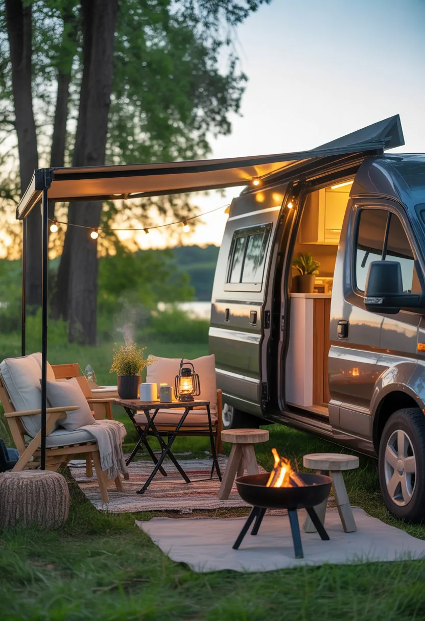 Outdoor seating area next to a parked RV with chairs, a table, plants, and string lights in a forested setting during sunset.