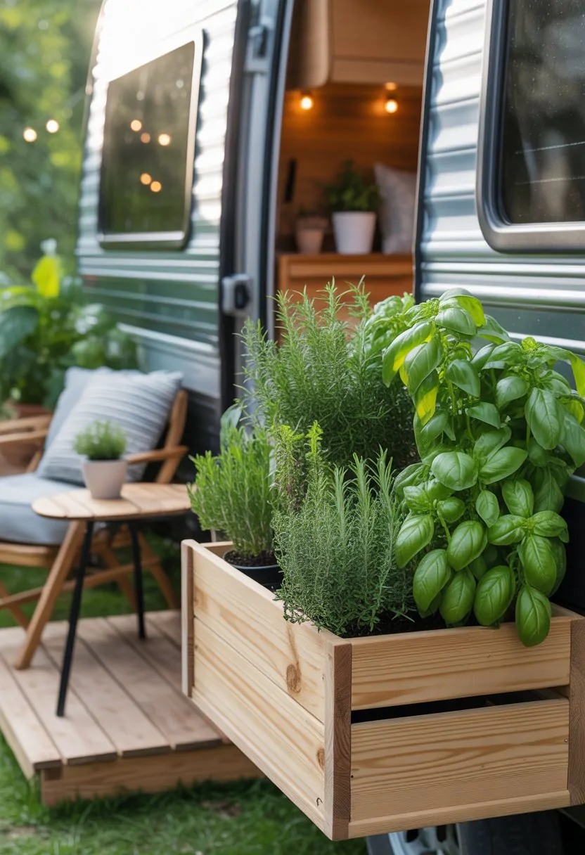 Outdoor space next to an RV with a wooden herb planter box filled with green herbs and comfortable seating.