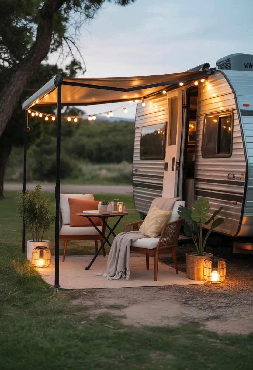 An inviting outdoor RV seating area with cushioned chairs, a small table, plants, and soft lighting set in a natural campsite.